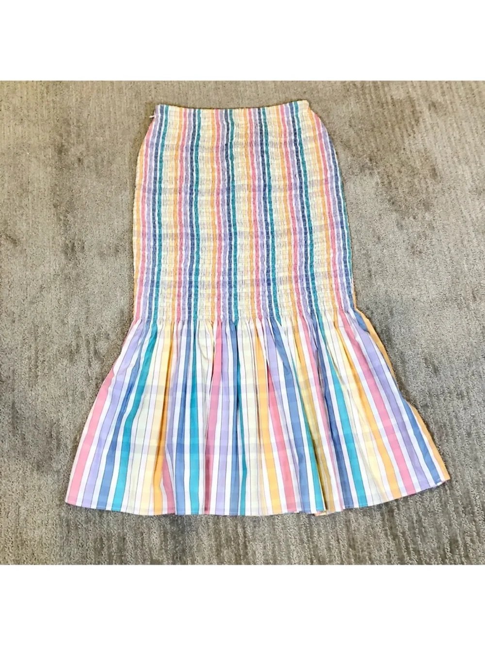 New J. Crew Re-Imagined Pastel Rainbow Striped Smocked Mermaid Midi Skirt size 0